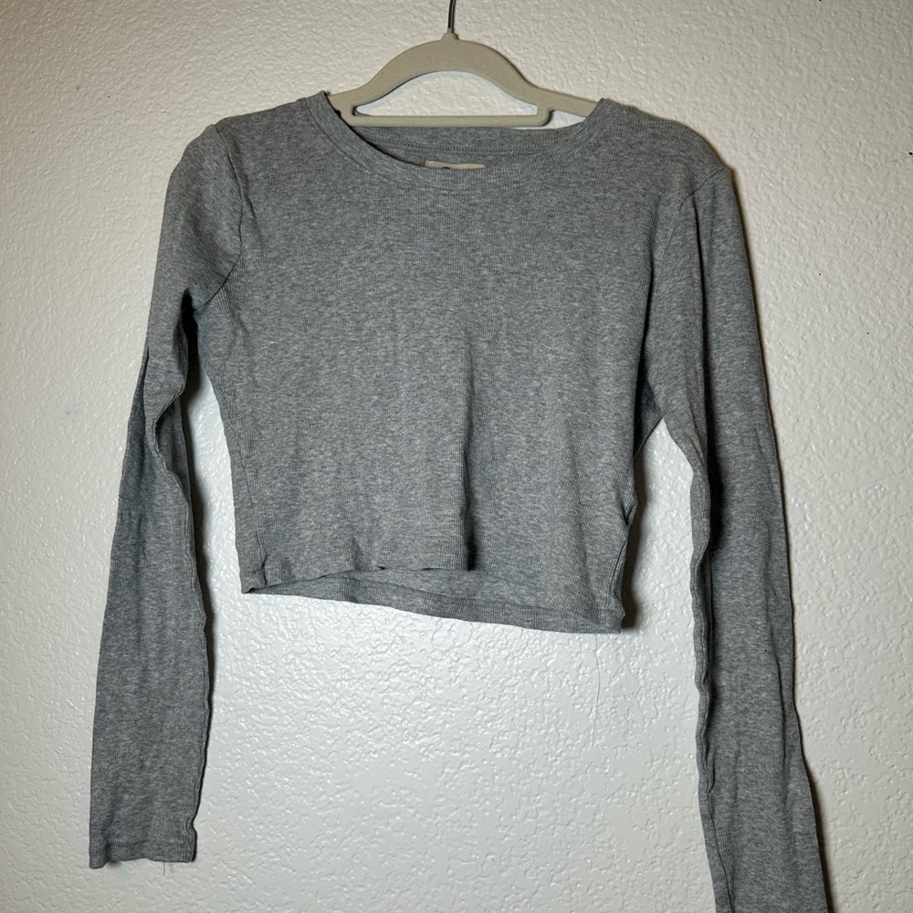 Madewell Grey Ribbed Cropped Long Sleeve Tee